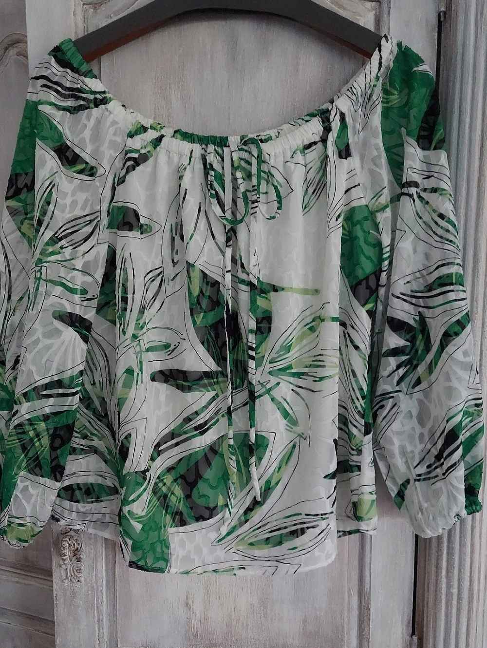 White House Black Market Green, White and Black Leaf-Print Off-Shoulder Top